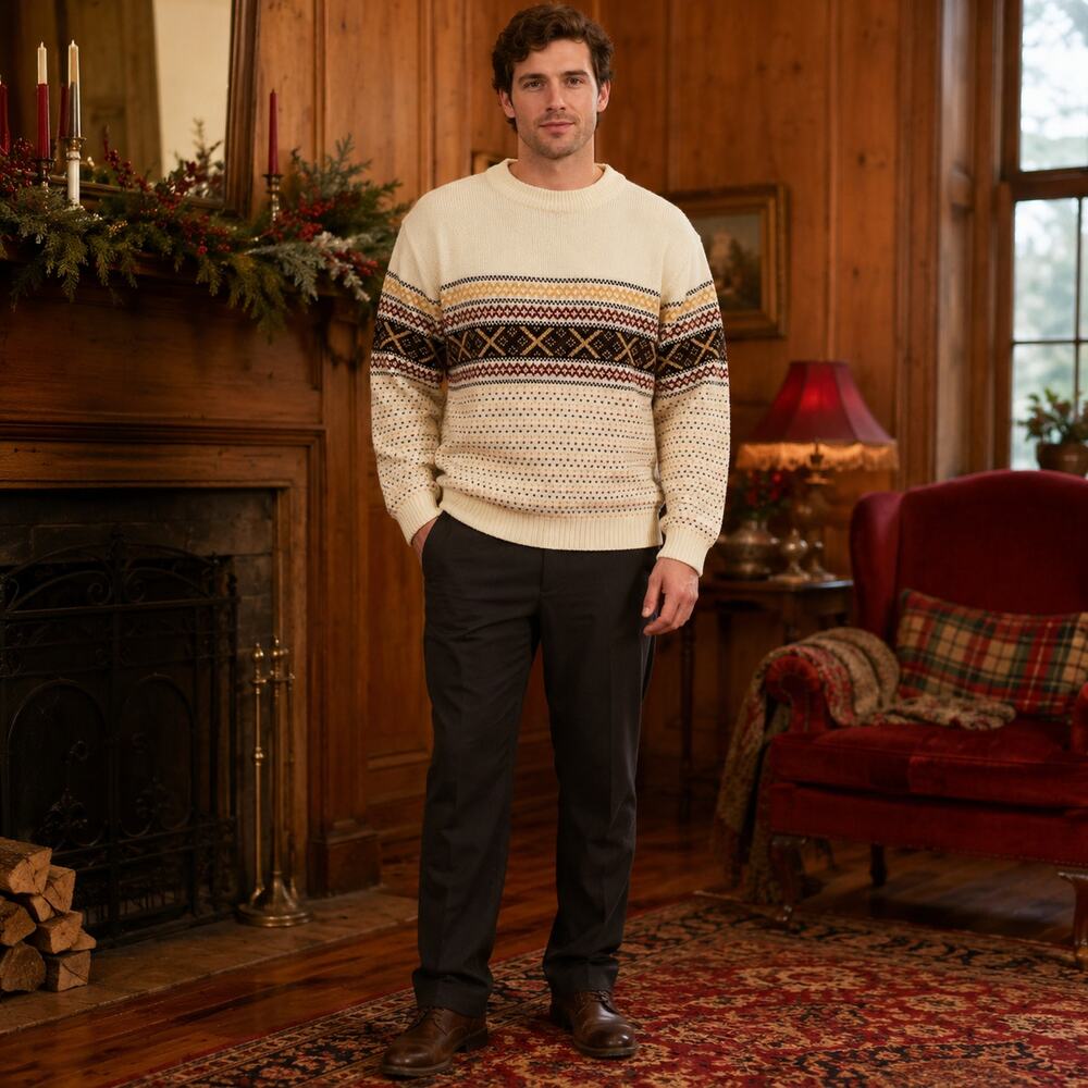 70s VTG Mens Crewneck Sweater Knit Pullover Earth Tone Fair Isle Lodge - XL